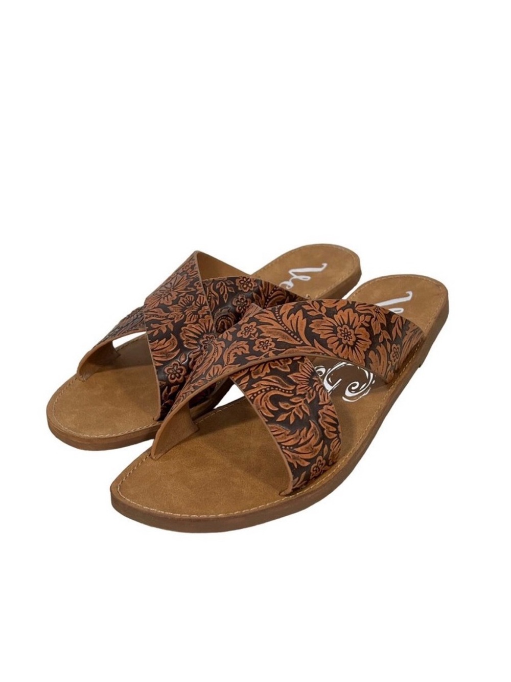 Very G Sunny Day Embossed Tooled Slide Sandal Brown Cross Faux Leather Women 9.5